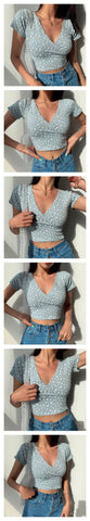 Y2K Vintage Floral Cross Crop Top T-shirt Cropped Slim Short Sleeve V-neck Clothes Tee Shirt Femme Woman Tops