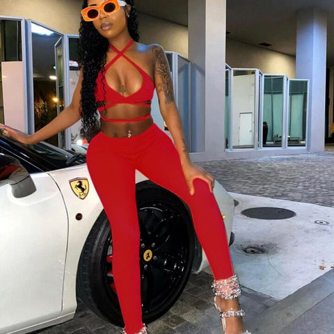 Voguable  Sleeveless Halter Solid Bandage Bra Pants 2 Pieces Set Streetwear Y2K Club Outfits Bikini