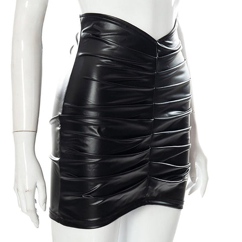 Voguable  Pu Leather High Waist Folds Zipper Mini Skirt  Elegant Streetwear Party Clothings Y2K