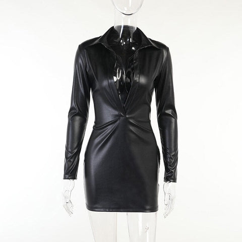 Voguable  Pu Leather Deep V Neck Long Sleeve Loose Mini Dress Winter Casual Streetwear Outfits Club Y2K
