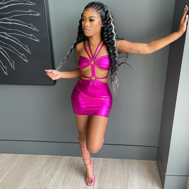 Voguable  Solid Sleeveless Bodycon Halter Hollow Out Mini Dress  Streetwear Outfits Y2K
