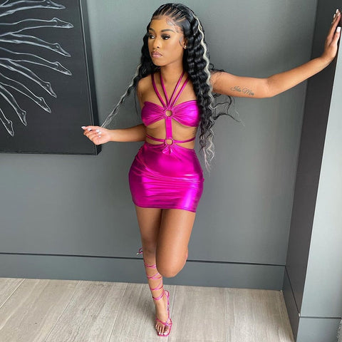 Voguable  Solid Sleeveless Bodycon Halter Hollow Out Mini Dress  Streetwear Outfits Y2K