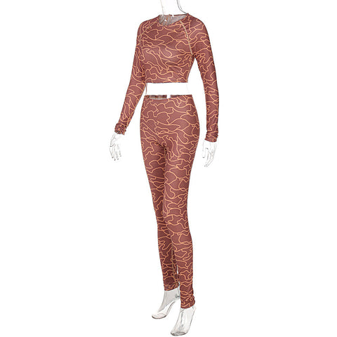 Voguable Print Long Sleeves Slim Navel Top Leggings Set Bodycon Party Elegant Club Y2K Robe Beach