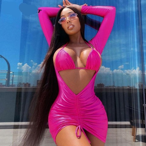 Voguable Long Sleeve Bandage Hollow Out Ruched Bodycon Mini Dress  Winter Y2K Slim Streetwear Elegant