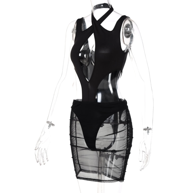 Voguable   Short Sleeve Halter Hollow Out Hole Backless Bodycon Dress Streetwear Y2K Party Casual Club