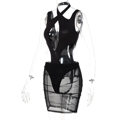 Voguable   Short Sleeve Halter Hollow Out Hole Backless Bodycon Dress Streetwear Y2K Party Casual Club
