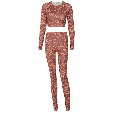 Voguable Print Long Sleeves Slim Navel Top Leggings Set Bodycon Party Elegant Club Y2K Robe Beach