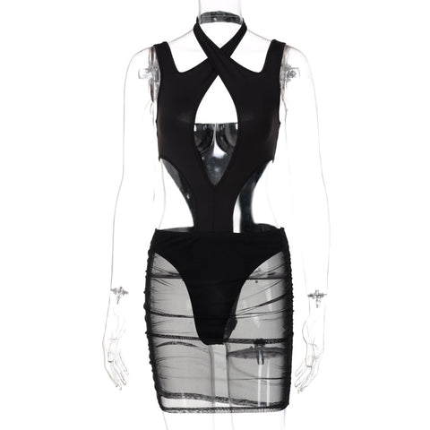 Voguable   Short Sleeve Halter Hollow Out Hole Backless Bodycon Dress Streetwear Y2K Party Casual Club