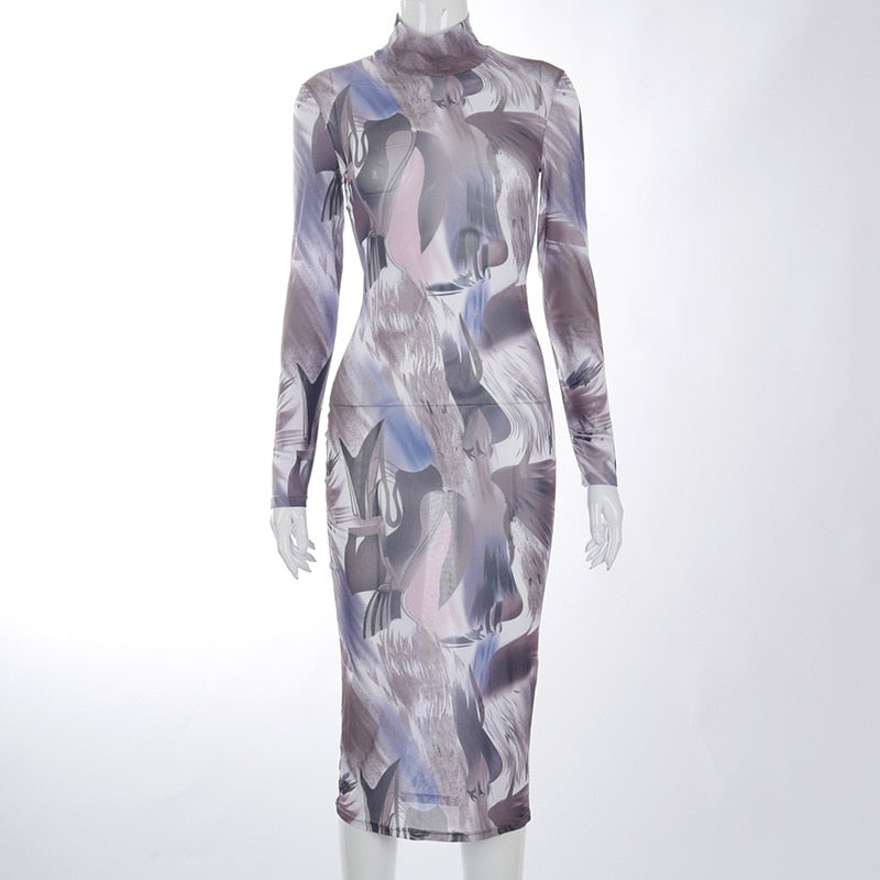 Voguable Long Sleeve Turtleneck Y2K Print Mesh Skinny Maxi Dress Streetwear Casual Clothing