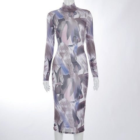 Voguable Long Sleeve Turtleneck Y2K Print Mesh Skinny Maxi Dress Streetwear Casual Clothing