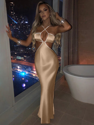 Voguable Halter Backless Sleeveless Hollow Out Revealing Maxi Dress Bodycon Streetwear Party Club Outfits Y2K
