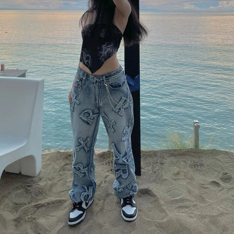 Voguable Patchwork Jeans Y2K Streetwear Baggy Straight Cargo Pants Punk High Waist Wide Leg Denim Trousers 90s Vintage