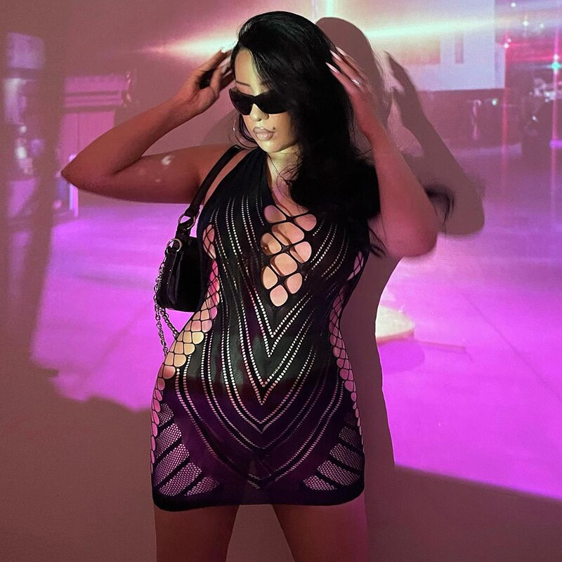 Voguable outfits Solid Halter Sleeveless Backless Mesh Hollow Out Mini Dress Fall Bodycon Party Club Elegant Y2K