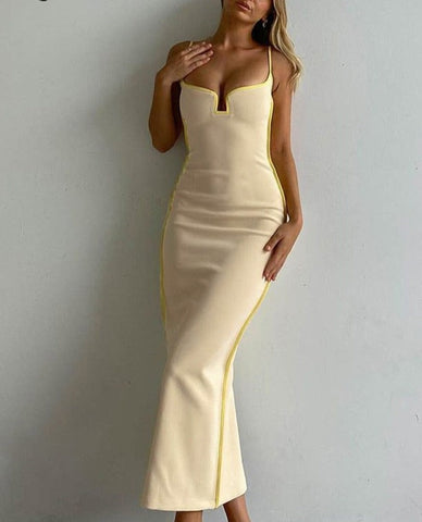 Bright Line Decoration Slip Backless U Neck Skinny Maxi Dress Bodycon Y2K Streetwear Outfits