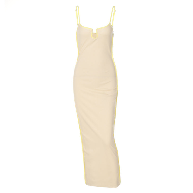 Bright Line Decoration Slip Backless U Neck Skinny Maxi Dress Bodycon Y2K Streetwear Outfits