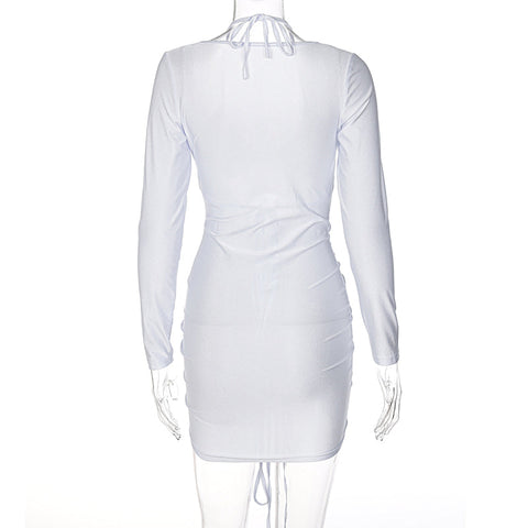 Voguable Long Sleeve Bandage Hollow Out Ruched Bodycon Mini Dress  Winter Y2K Slim Streetwear Elegant