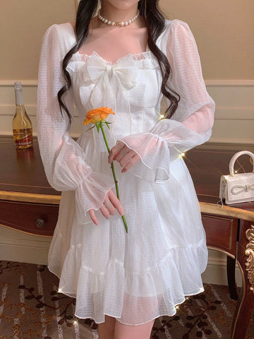 French Sweet Fairy Lolita Dress Long Sleeve Lace Y2k Mini Dress Vintage Kawaii Clothes One Piece Dress Korean spring