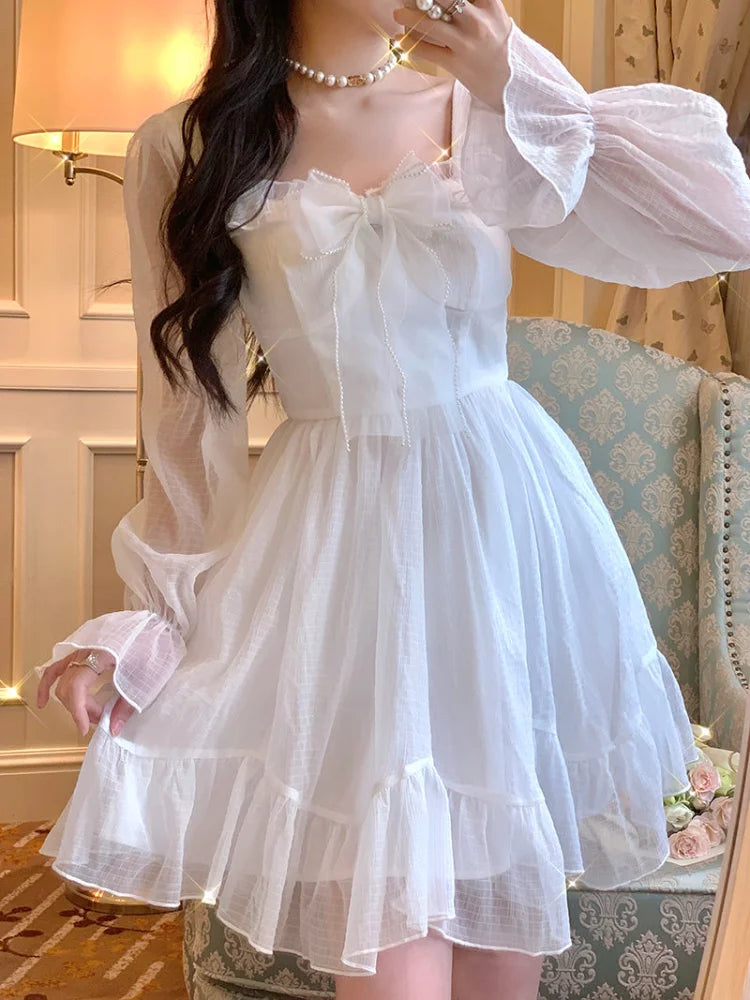 Voguable French Sweet Fairy Lolita Dress Long Sleeve Lace Y2K Mini Dress Vintage Kawaii Clothes One Piece Dress