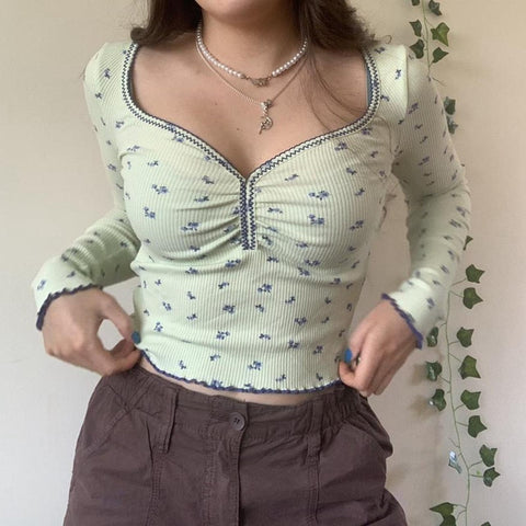 Voguable  y2k Floral Print T-shirt Sweet Girl Square Collar Frill Full Sleeve Crop Top Aesthetic Fairy Grunge Vintage Pullovers Tees
