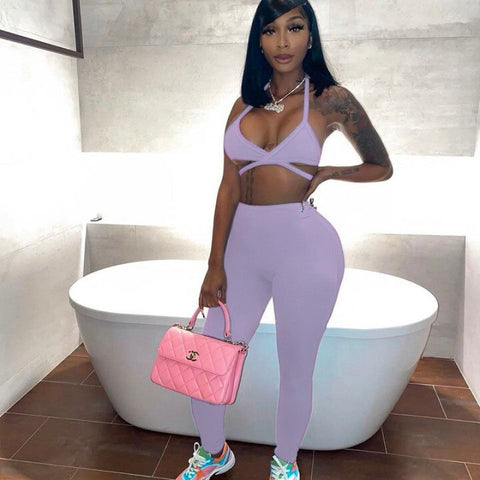 Voguable  Sleeveless Halter Solid Bandage Bra Pants 2 Pieces Set Streetwear Y2K Club Outfits Bikini