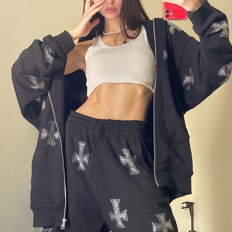 Voguable Winter Goth Rhinestone Y2K Zip Up Oversized Sweatshirts  Hoodies Pull Grunge Hooded Retro Jacket Streetwear Coat