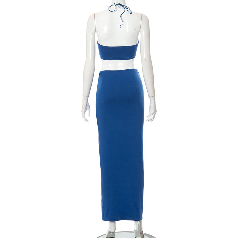 Voguable Solid Halter Bandage Camis Crop Top Slit Maxi Dress 2 Pieces Set  Bodycon Elegant Streetwear Party Club Y2K