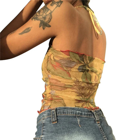 y2k Tops for Sheer Floral Print Slim Fit Spaghetti Strap Sleeveless Mesh Halter Vest 2000s Clothes Streetwear