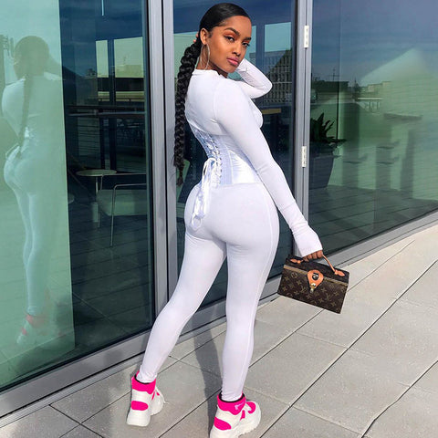 Voguable  Long Sleeve Jumpsuit Bandage Corset 2 Pieces Set Winter  Zipper Suit Romper Y2K Streetwear