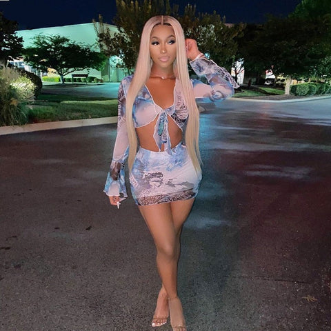 Voguable Flare Sleeve Wrapped Bandage Crop Top Skirt 2 Piece Set Winter Streetwear Y2K Print Tracksuit