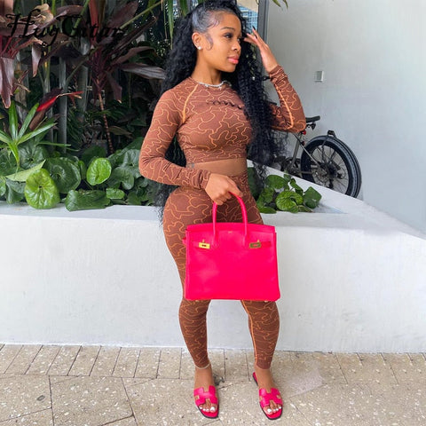 Voguable Print Long Sleeves Slim Navel Top Leggings Set Bodycon Party Elegant Club Y2K Robe Beach