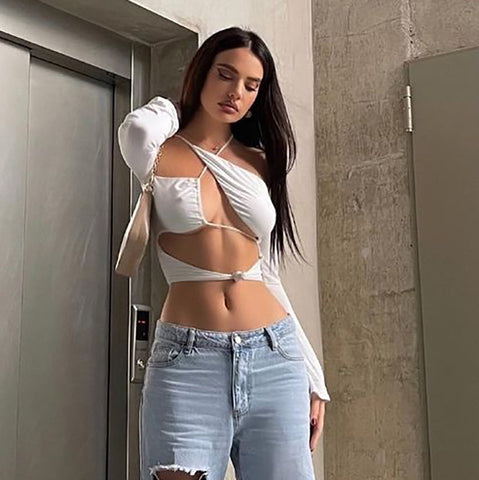 Voguable Pure Halter Single Shoulder Long Sleeve Bandage Drawstring Crop Top Fall Streetwear Outfit Y2K Party