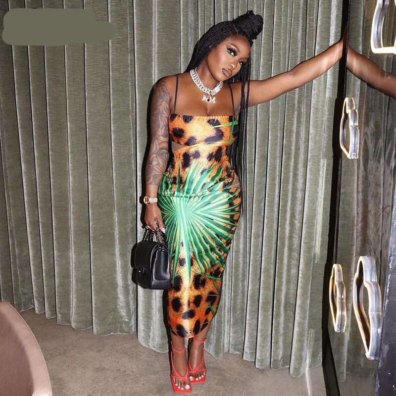 Voguable  Sleeveless Backless Hollow Out Slip Bodycon Leopard Print Maxi Dress Slim Party Elegant Club Y2K Robe Outfit