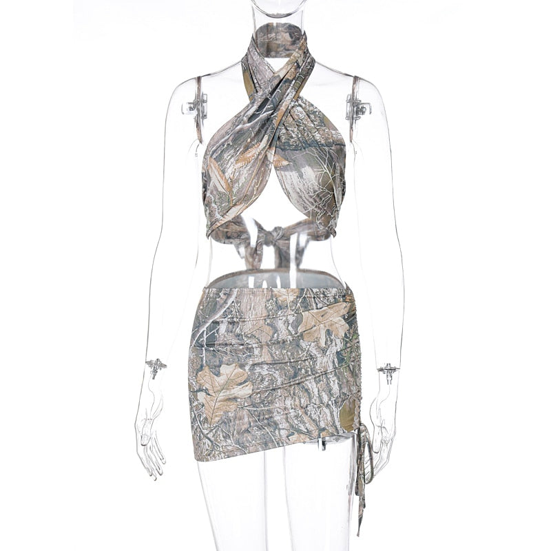 Voguable  Vintage Print Sleeveless Bandage Crop Top Skirt 2 Pieces Set Streetwear Y2K Tracksuit