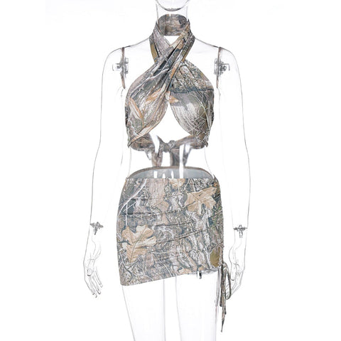 Voguable  Vintage Print Sleeveless Bandage Crop Top Skirt 2 Pieces Set Streetwear Y2K Tracksuit