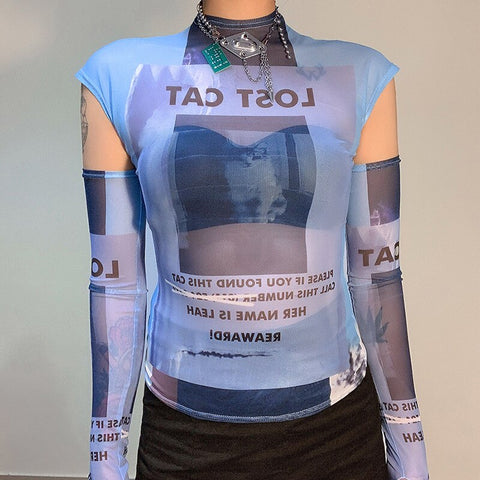 Y2K Slim Bodycon Tops Printing T-Shirt Long Oversleeve Party Club Outfit Casual Streetwear