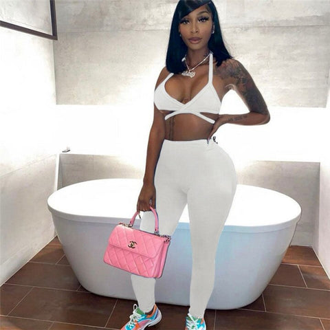 Voguable  Sleeveless Halter Solid Bandage Bra Pants 2 Pieces Set Streetwear Y2K Club Outfits Bikini