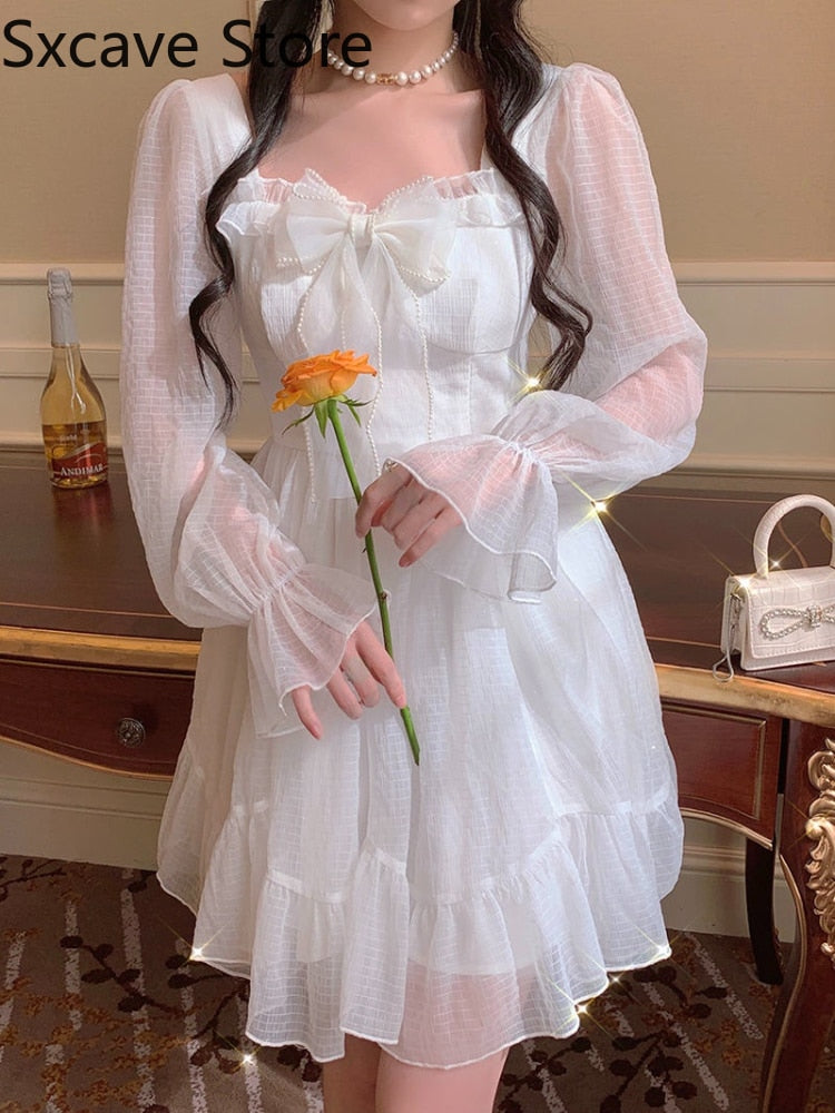 French Sweet Fairy Lolita Dress Long Sleeve Lace Y2k Mini Dress Vintage Kawaii Clothes One Piece Dress Korean spring