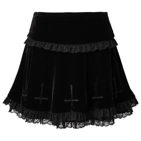 Punk Gothic Skirt 2000s Black Dark Academia Cross Print High Waist Pleated A-line Skirt y2k Vintage Lace Skirts