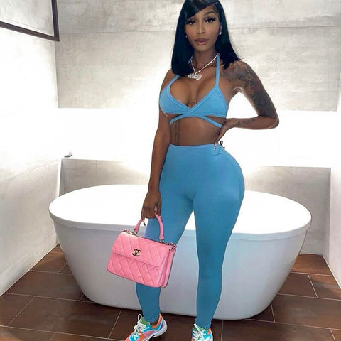 Voguable  Sleeveless Halter Solid Bandage Bra Pants 2 Pieces Set Streetwear Y2K Club Outfits Bikini