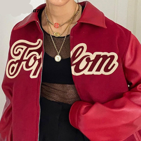 Voguable Pu Leather Letter Print Zipper Long Sleeve Loose Patchwork Jacket Winter Streetwear Outfits Y2K