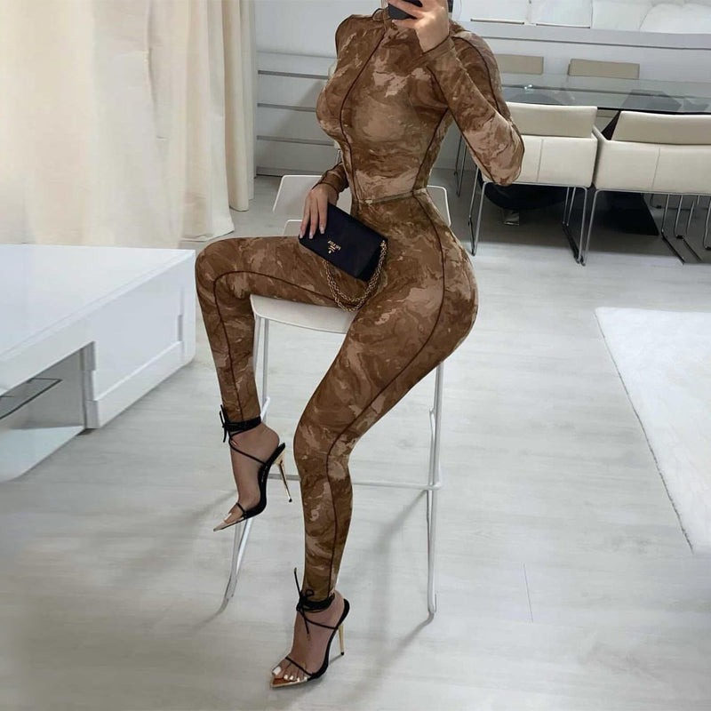 Voguable  Long Sleeve Print See-Through Ruched Bodysuit Pencil Pants 2 Pieces Set Streetwear Club Y2K