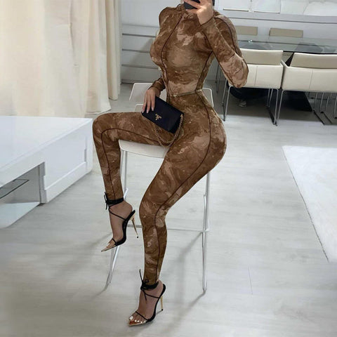 Voguable  Long Sleeve Print See-Through Ruched Bodysuit Pencil Pants 2 Pieces Set Streetwear Club Y2K