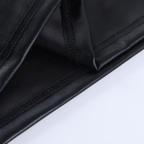 Voguable  Pu Leather Deep V Neck Long Sleeve Loose Mini Dress Winter Casual Streetwear Outfits Club Y2K