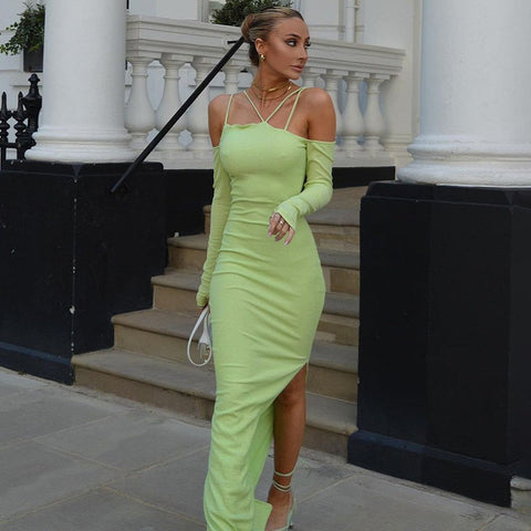 Voguable Fall Solid Slip Slash Neck Long Sleeves Cut Out Maxi Dress Slim Y2K Streetwear Robe