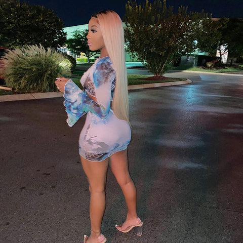 Voguable Flare Sleeve Wrapped Bandage Crop Top Skirt 2 Piece Set Winter Streetwear Y2K Print Tracksuit