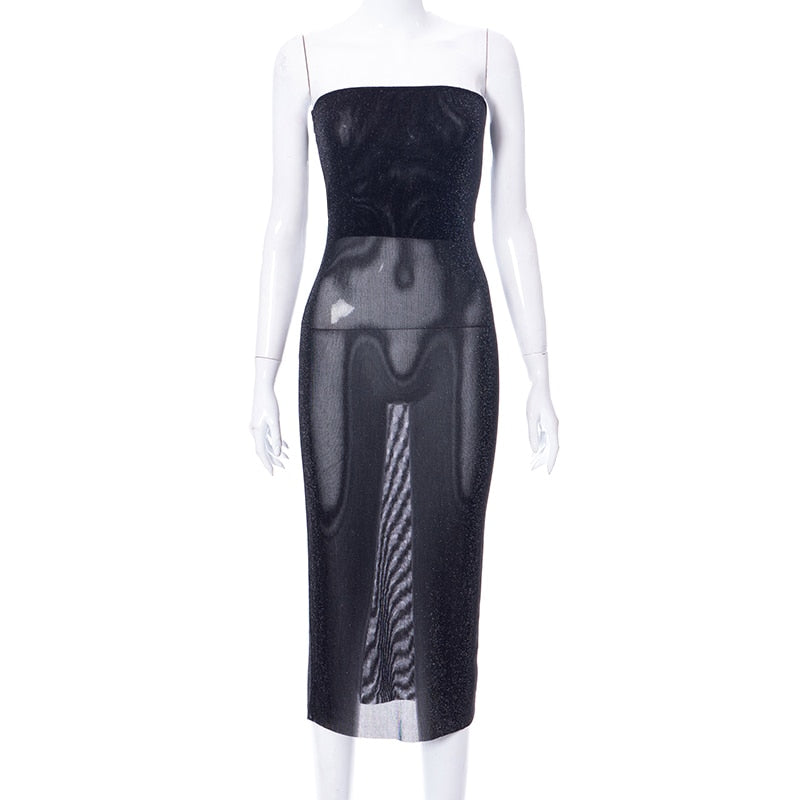 Voguable  Mesh Off Shoulder Black Sleeveless Patchwork See Through Midi Dress Bodycon Holiday Party Outfits Y2K