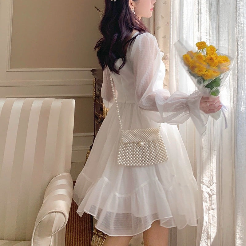 French Sweet Fairy Lolita Dress Long Sleeve Lace Y2k Mini Dress Vintage Kawaii Clothes One Piece Dress Korean spring
