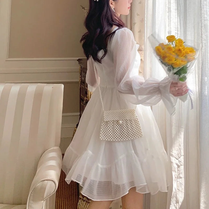 Voguable French Sweet Fairy Lolita Dress Long Sleeve Lace Y2K Mini Dress Vintage Kawaii Clothes One Piece Dress
