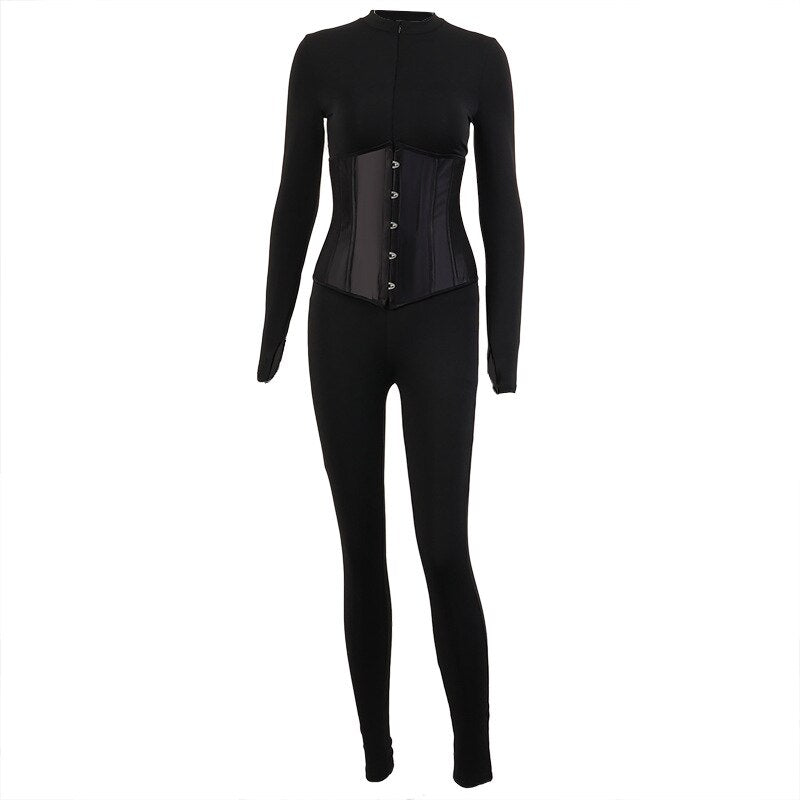 Voguable  Long Sleeve Jumpsuit Bandage Corset 2 Pieces Set Winter  Zipper Suit Romper Y2K Streetwear