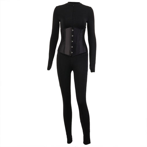 Voguable  Long Sleeve Jumpsuit Bandage Corset 2 Pieces Set Winter  Zipper Suit Romper Y2K Streetwear
